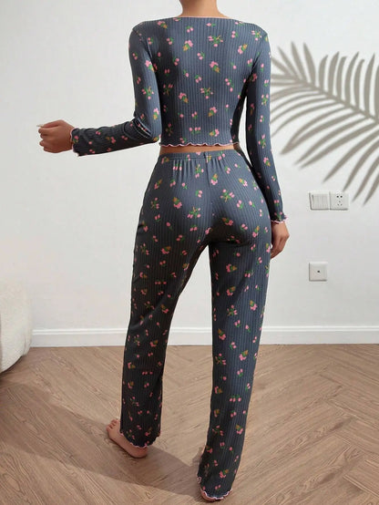 Y2K Nette Floral Gerippte Pyjama Set Frauen Langarm V-ausschnitt Zwei Stück Nachtwäsche Homewear Herbst Winter Bogen Salat Trim Neue Heiße.