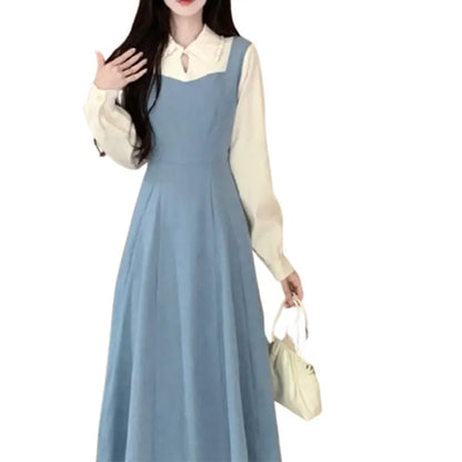 Solide Patchwork Vierkant hals Langarm gefälschte zweiteilige Kleider elegante Mode Harajuku weibliche Kleidung lässig alle Match Rock.