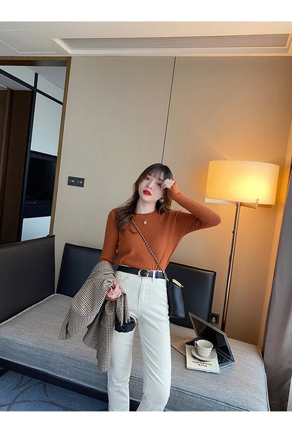 2025Oansatz Rippen Langarm Koreanische Dünne Weibliche Pullover Frauen Pullover Stricken Weiche Jumper Tops Geraffte Herbst Winter Tops