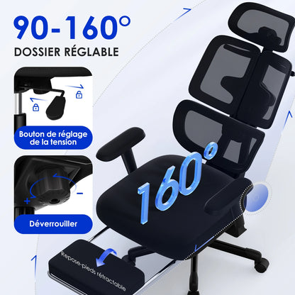 AUTHMIC Premium Ergonomischer Bürostuhl mit 6D-verstellbaren Armlehnen, 3D-Kopfstütze, 3-Zonen-Rückenlehne, 200 kg Tragkraft, Liegestuhl 90 ° -160 °