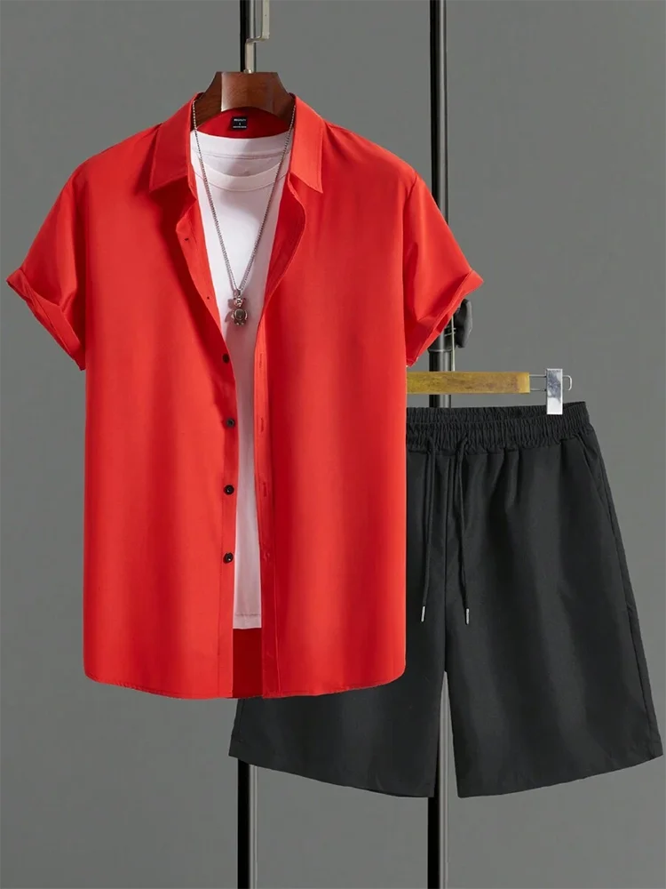 Einfaches einfarbiges Hawaii-Hemd für Herren, Sommer-Trend, kurzärmelige Shorts, 2-teilig, täglich, lässig, Shorts, Top-Anzug, modisch, übergroß.