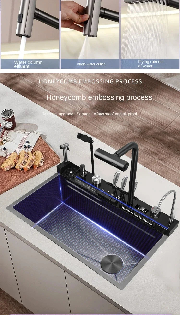 Großes Einzelschlitz-Wasserfallspülbecken aus Edelstahl 304, Digitalanzeige, geprägtes Waschbecken, Haushaltswaschbecken