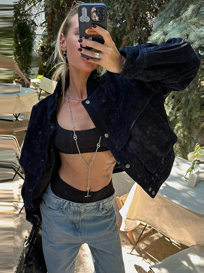 Wildleder Fleece Taschen Damen Jacken Mode Einreiher Langarm Mäntel Lose Gerade Kurze Tops Herbst Warme Kleidung.