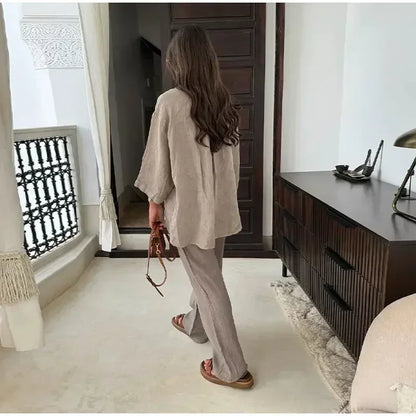Women Vintage Solid Loose Pants Suit Lapel Single Breasted Long Sleeve Shirt Wide Leg Pants 2 Pcs Set 2025 New Ladies Streetwear.