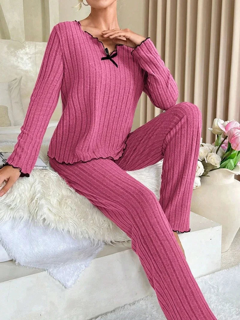 Women Autumn Winter Sleepwear Ribbed Pajamas Set Long Sleeve Top and Long Pants 2 Piece Set Casual Homewear Loungewear.