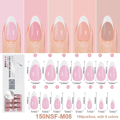 150Pcs/Box Acrylic Press on Nails Full Cover Fake False Tips Soft Gel Extension T-shaped Oval Capsule Almond Sculpted Salon DIY