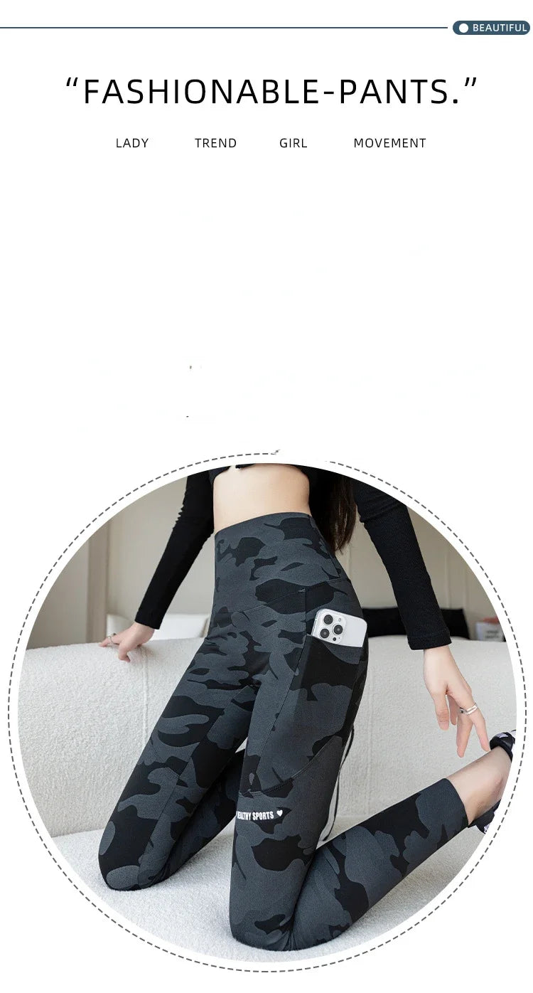 Women Camo Shark Pants High Waist Pocket Leggings Big Size Stretchy Casual Pants Fashion Skinny Yoga Fitness Pants.