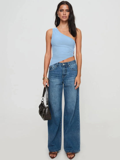 Dulzura One Shoulder Sleeveless Backless Bodycon Irregular Metal Button Tank Top Solid Sexy Casual Y2K Tops Party Street Outfit.