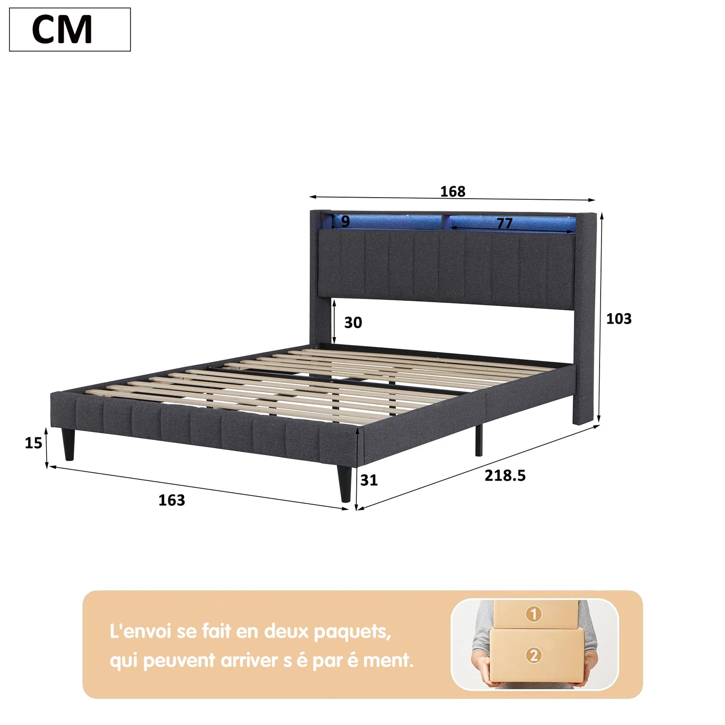 Lazyspace gepolstertes Doppelbett, Bettgestell 160/140 x 200 cm, Kopfteil mit Stauraum, USB-Aufladung und LED-Licht, keine Matratze
