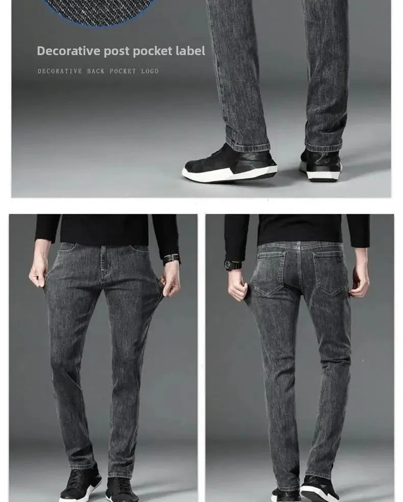 Loose Casual Jeans for Men Mid-aged Thick Winter Long Pants Business Style Straight Leg Spring Autumn Korean Version.