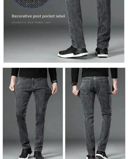 Loose Casual Jeans for Men Mid-aged Thick Winter Long Pants Business Style Straight Leg Spring Autumn Korean Version.