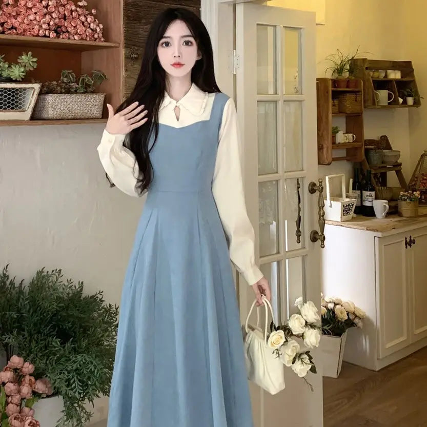 Solide Patchwork Vierkant hals Langarm gefälschte zweiteilige Kleider elegante Mode Harajuku weibliche Kleidung lässig alle Match Rock.