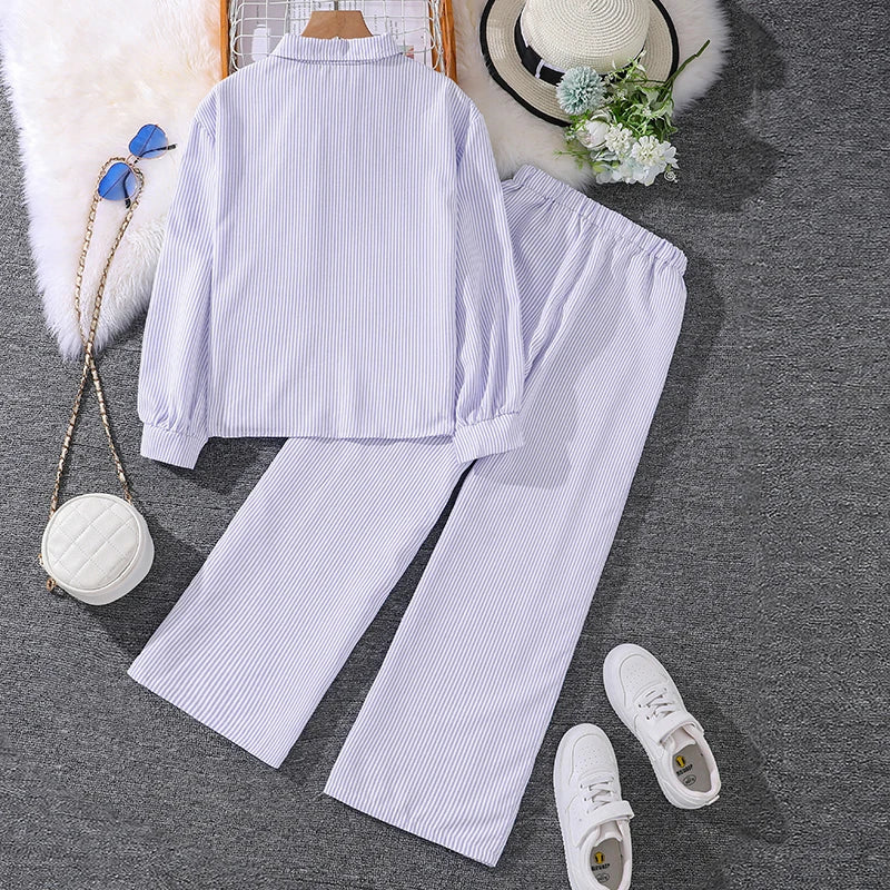 Spring Hot Sale Kids Outfit 4-12 Years Girls Striped Long Sleeve Chemise + Casual Loose Straight Leg Pants Shirt Suit 2Pcs Set.