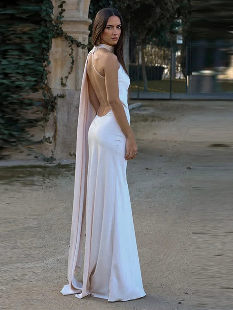 Band hängenden Hals lange Kleider schräg Schulter schnüren rücken frei seidig Satin Temperament Slim Fit Neck holder Frau Fischschwanz Kleid.