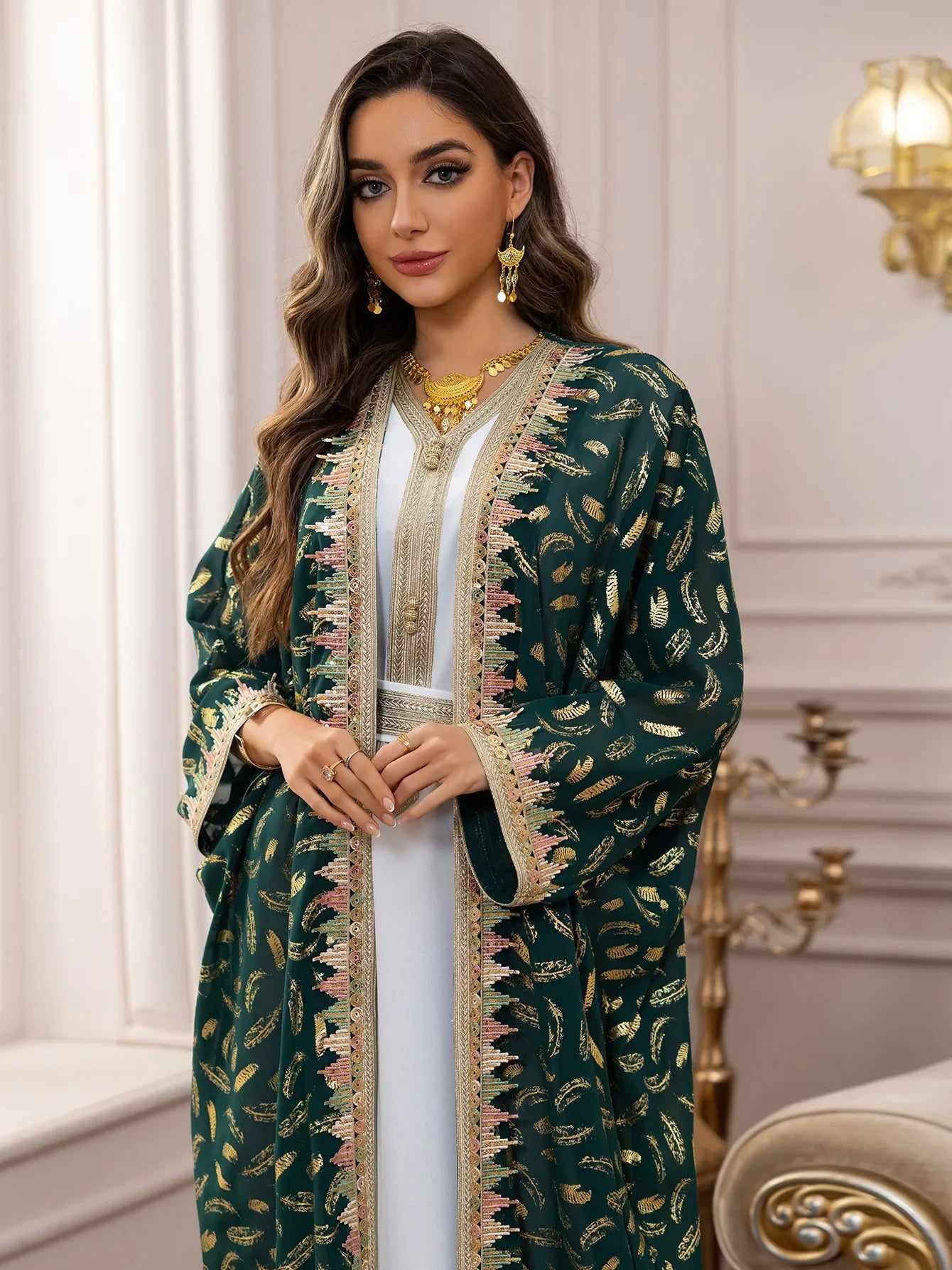 Muslim Abaya 3 Piece Set Women Party Dresses Cardigan Robe Sashes Suit Bronzing Jalabiya Ramadan Morocco Dubai Kaftan Vestidos.