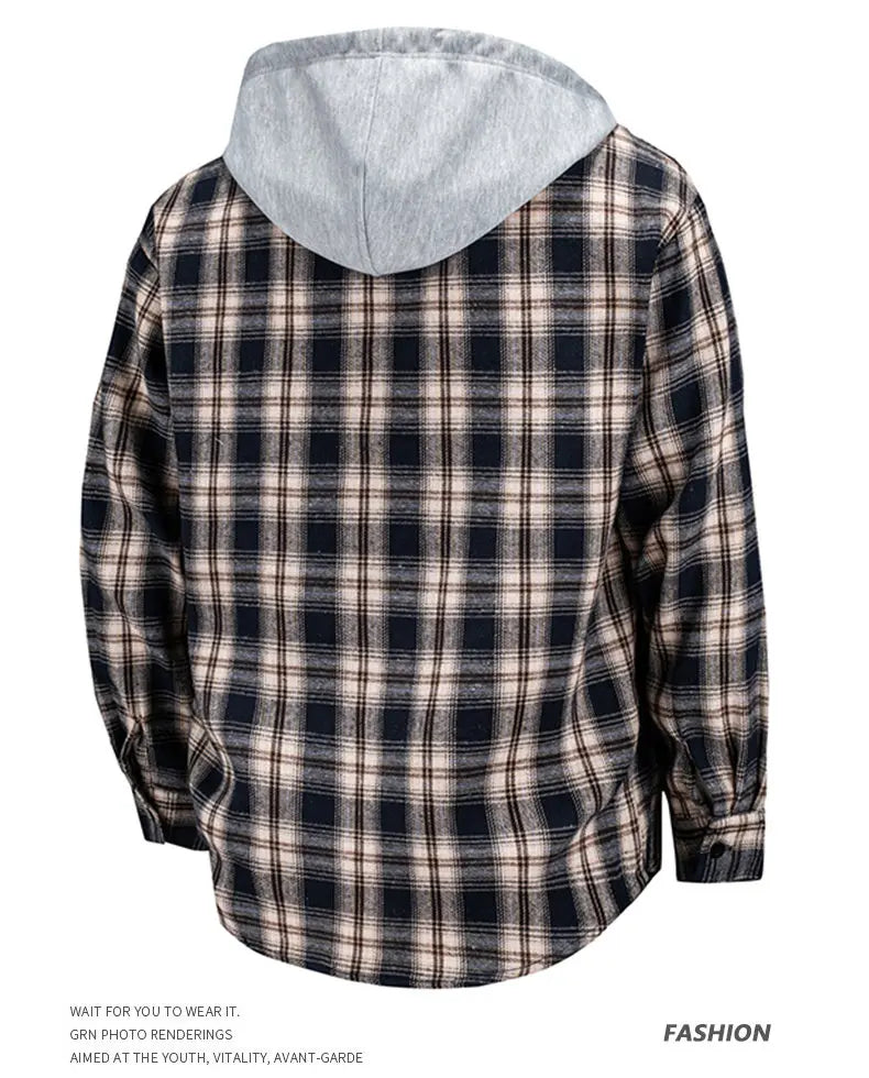 Hooded men's and women's wearable plaid shirts, Japanese shirt jackets for spring and fall, loose-fitting long-sleeve jackets..