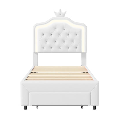 Rosahqnda Kinderbett, gepolsterter Bettrahmen, Krone, Kopfteil, Schubladenschrank, verstellbare Kopfteil-Lederoberfläche