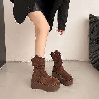 Chunky Platform Thick Sole Woman Ankle Boots Design Round Toe Slip On Shoes  2025 Autumn Winter Short Botas Para Mujer.