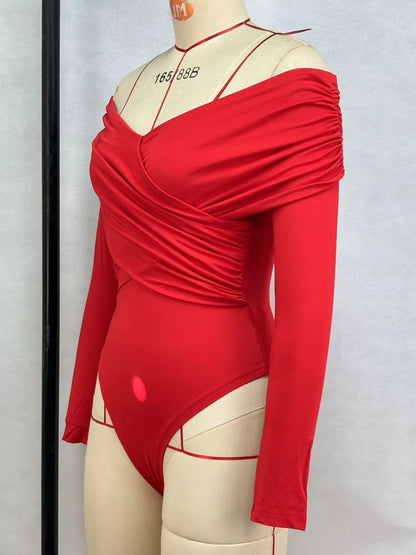 Sexy Hot Girl Slim Jumpsuits Women Fashion Solid Color Folds Corset Bodycon Crossed Bodysuits Long Sleeves Trendy Lady Rompers.