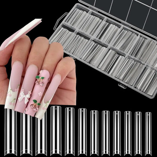 240PC Professional 3XL Extra Long Clear Square Nail Tips 12 Sizes Half Cover Acrylic Nails NO C CURVE Long Square Fake Nail Tips.