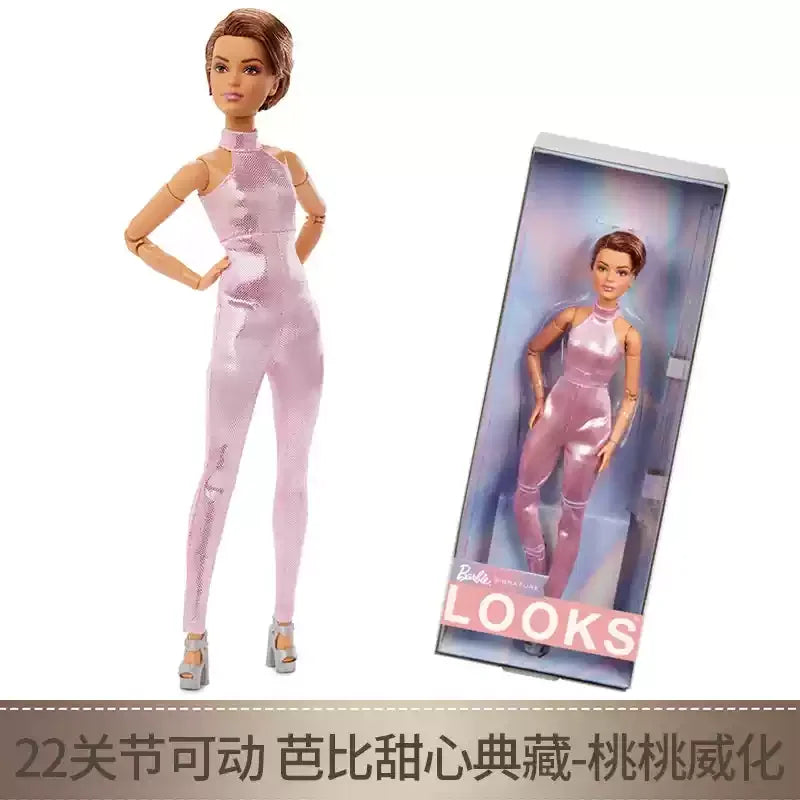 Genuine Barbie Deluxe Style Dolls Pink Dress Outfit Blond Hair Knot Bow Accessories Mesh Tights Toys For Girls Sweet Gift