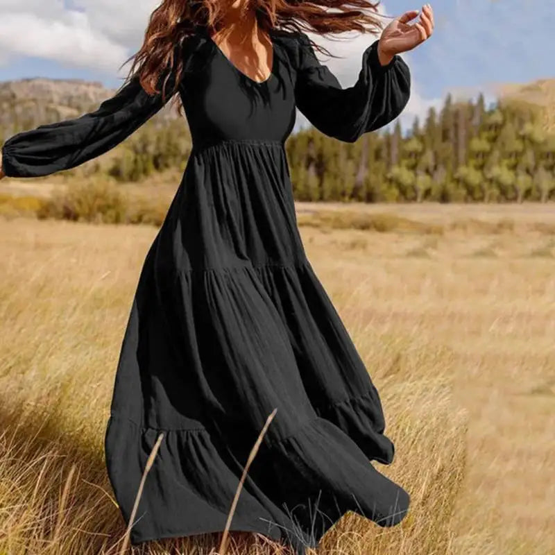 Women Summer dress 2025 new fashion casual solid color v neck long sleeve temperament big swing dresses women vestidos TXGL519.
