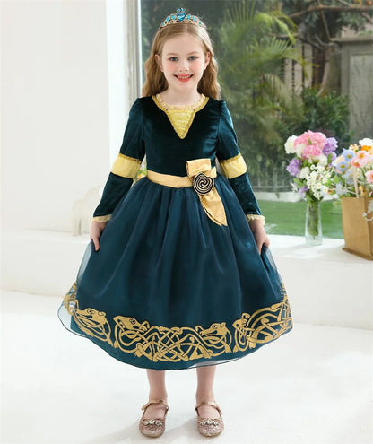 Girls Merida Cosplay Princess Dress Children Stage Performance Clothes Kids Halloween Carnival Party Long Sleeves Outfits.