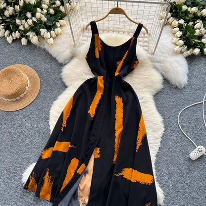 Neue Sommer Druck Süße Kleid Träger O Neck Backless Split Elegante Damen Urlaub Strand Party Midi Sommerkleid