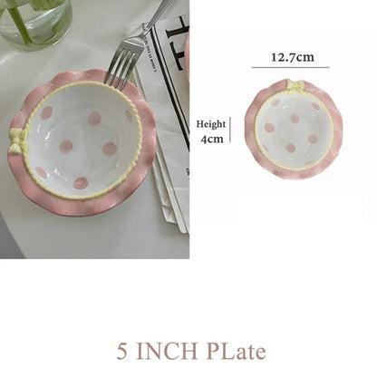 Cartoon Pink Ceramic Dinner Plate with Bow Knot, Household Dish, High Temperature Resistant, Deep Dish, Kitchen Tableware Set.