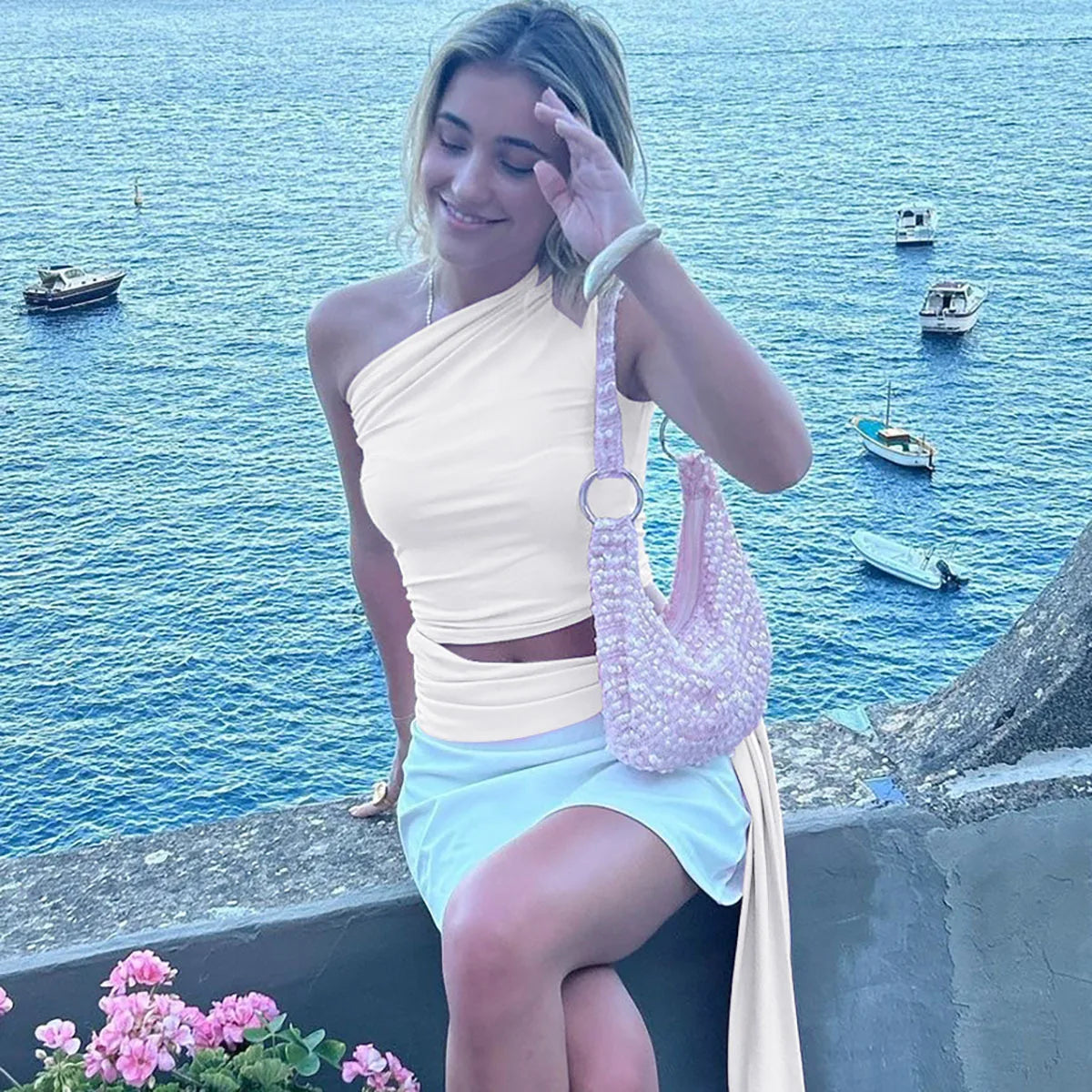 Cryptographic One Shoulder Solid Lace Up Tops Summer Y2K Outfits Sexy Backless Sleeveless Crop Tank Coquette Streetwear Clothes