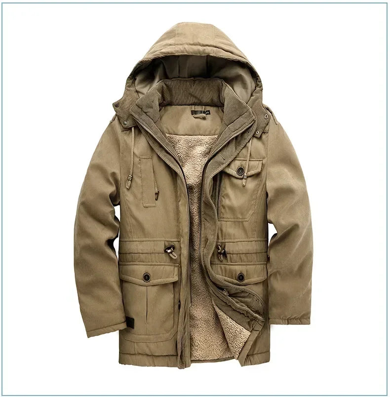 Men's Jacket WINTER USA SIZE Large SIZE Lamb Fleece JACKETS Hooded Cotton Thickened Multi Pocket Casual Mid length Coat