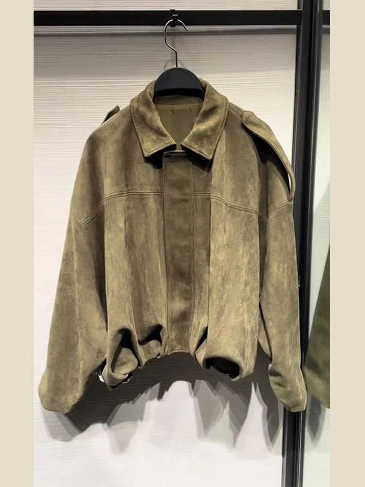 2025 herbst frauen Grün Wildleder Jacke Lose Revers Zipper Langarm Taschen Bomber Mantel Neue Mode Dame Dicke Streetwear.