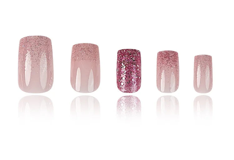 24Pcs Short False Nails with Shimmery Powder Ballet Nail Art Full Cover French Sheer Wearable Nail Manicure Tips for Girls Daily.