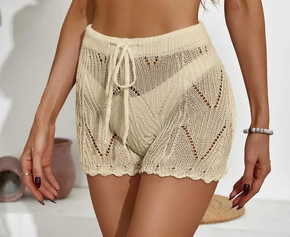 Summer 2025 New Black White Hollowed Out Beach Crochet Shorts Women Beige High Waist Slim Drawstring Lace-up Knitted Short Pants.