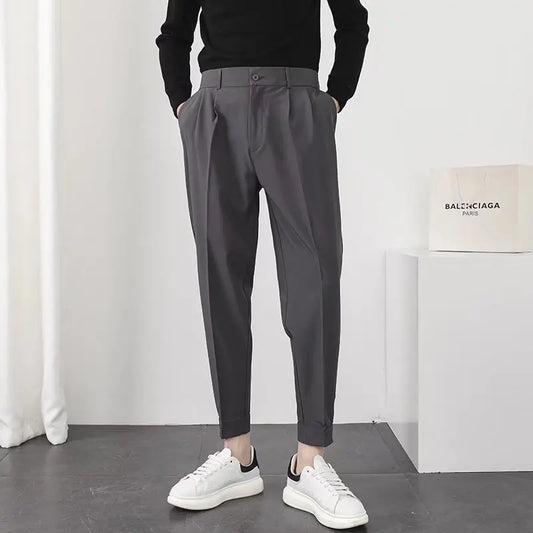 Fashion Men Casual Pants Elastic Waist Small Feet Slim Korean Style Pleated Tapered Male Blazer Pants Trousers Streetwear.