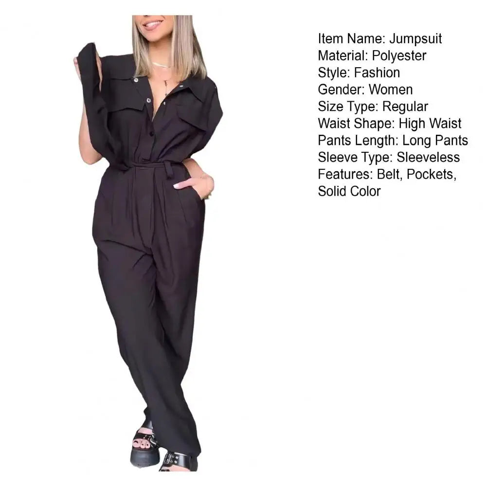 Elegant Women Jumpsuit Lapel Sleeveless Belt Design Romper with Pockets Solid Color Wide Leg Pants Versatile Jumpsuit.