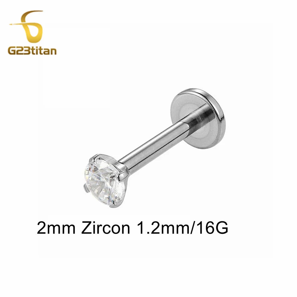 16G 18G Titanium Labret Stud Lip Ring Ear Helix Conch Trage Earring 2-4mm Zircon 0.9mm Internally Threaded Body Piercing Jewelry
