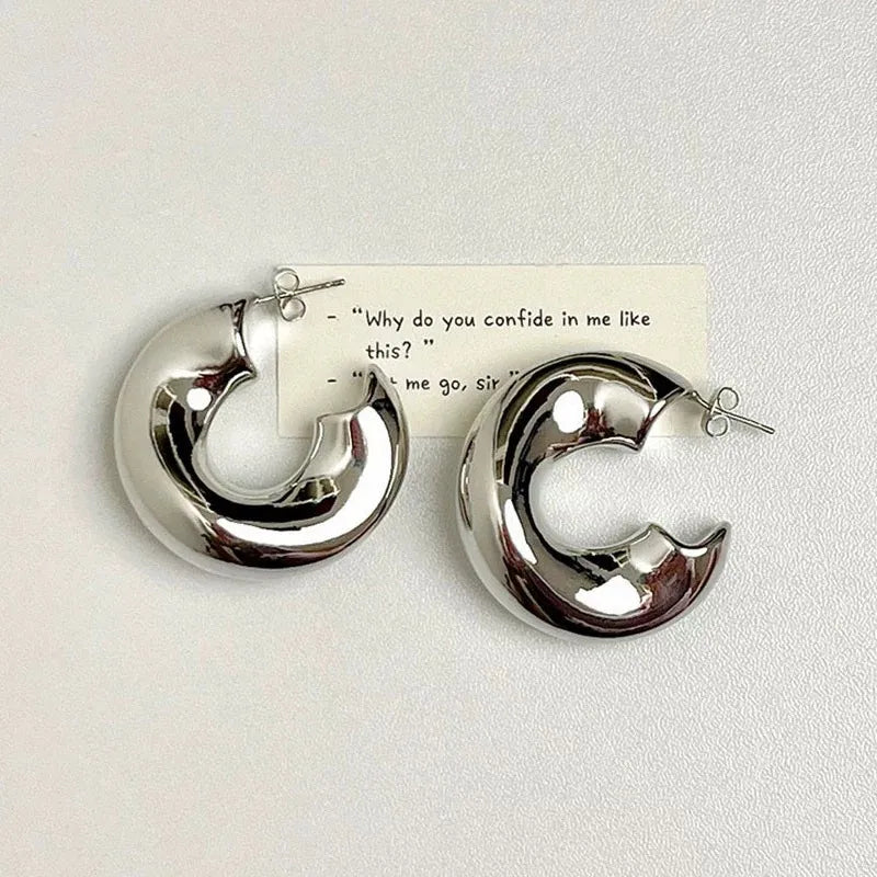 New Retro Chunky C Shape Hoop Earrings Glossy Gold Plated Pvd Circle Round Tube Huggie Hoops Stacked Ear Jewelry.