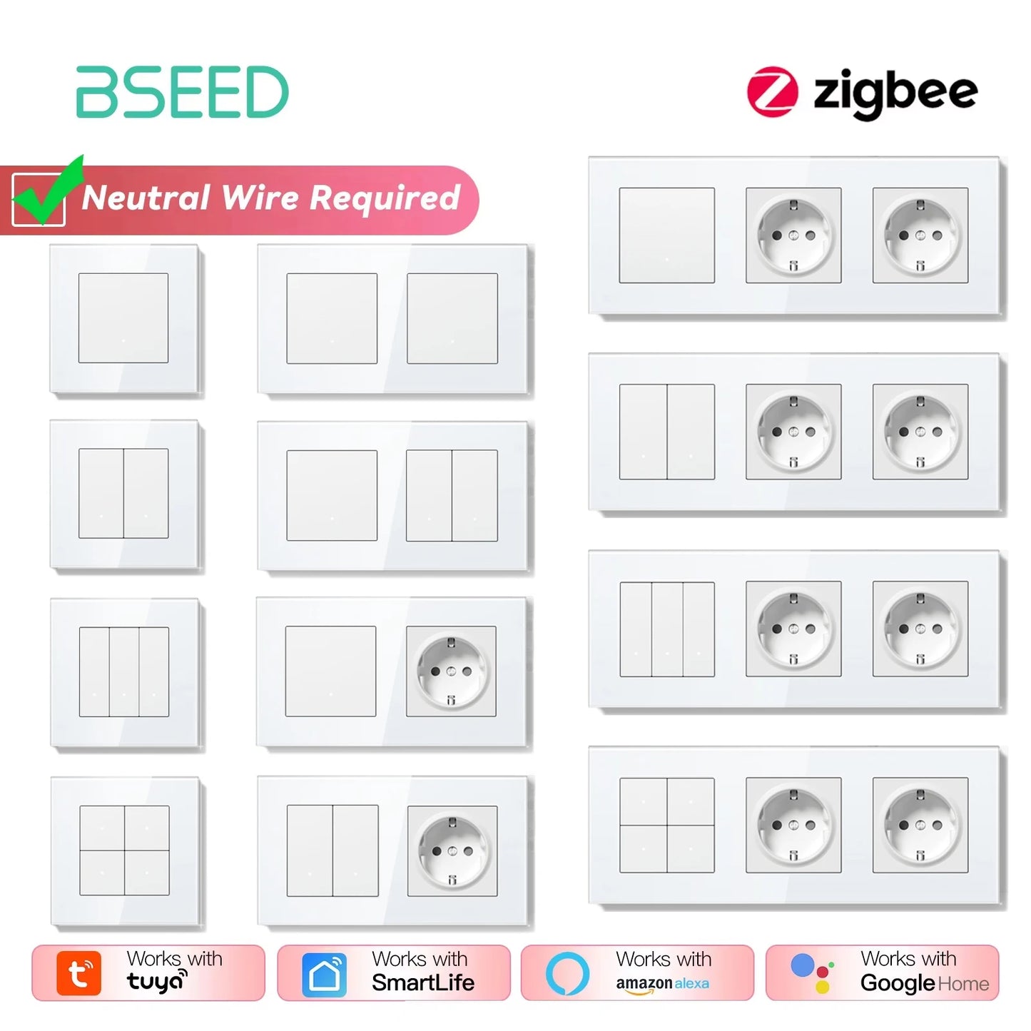 BSEED Zigbee Click Wandschalter Serie Intelligente Lichtschalter Gelbe Hintergrundbeleuchtung Glasrahmen Tuya-Schalter EU-Wandsteckdose USBC-Anschluss.