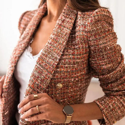 Frauen Herbst Blazer Revers Strickjacke Lange Ärmeln Doppel-breasted Slim Fit Warm Lässige Dick Plaid Print Lady Mantel für arbeit Jacke.