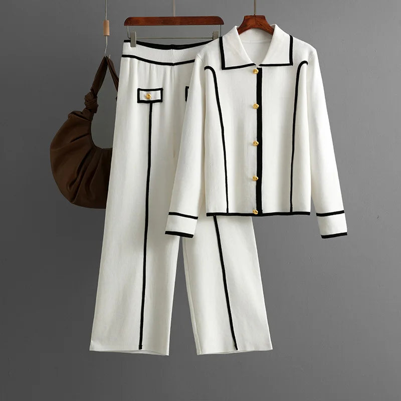 Women Sweater 2 Piece Suit Pullover Knitted Wide Leg Pants Muslim Sets Knitwear Single Breasted 2025 Outfits Autumn Winter