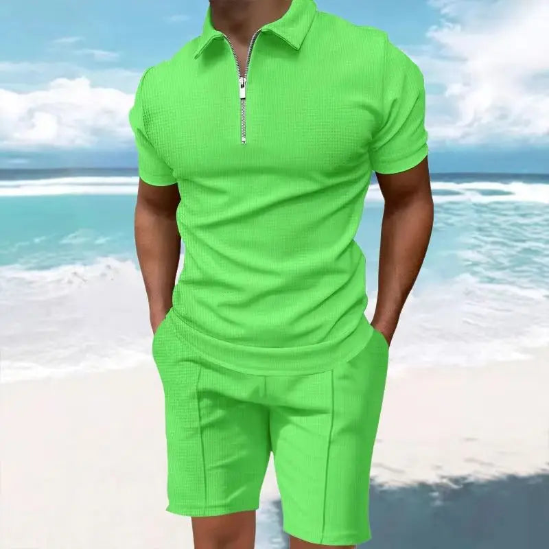 Men's Comfortable Short-Sleeved Waffle Polo Shirt And Shorts Set - Breathable Lightweight Spring/Summer Clothing