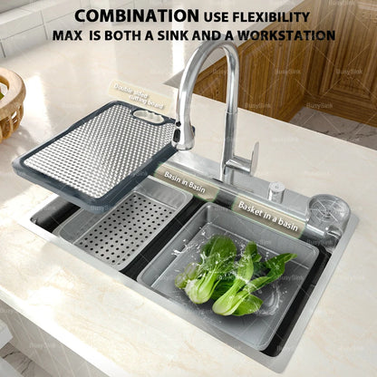 Silberne Küchenspüle aus Edelstahl 304, großer Einzelschlitz, Unterbau-Multifunktions-Geschirrspülbecken, 31,5 x 18,9 Zoll