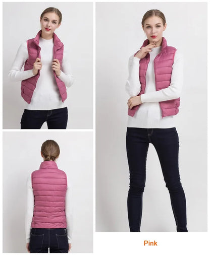 0-10 ℃   Frauen Westen Herbst Winter Ultra Licht Ente Unten Weste Weibliche Dünne Ärmellose Jacke Winddicht Warme Puffer Weste 4XL.