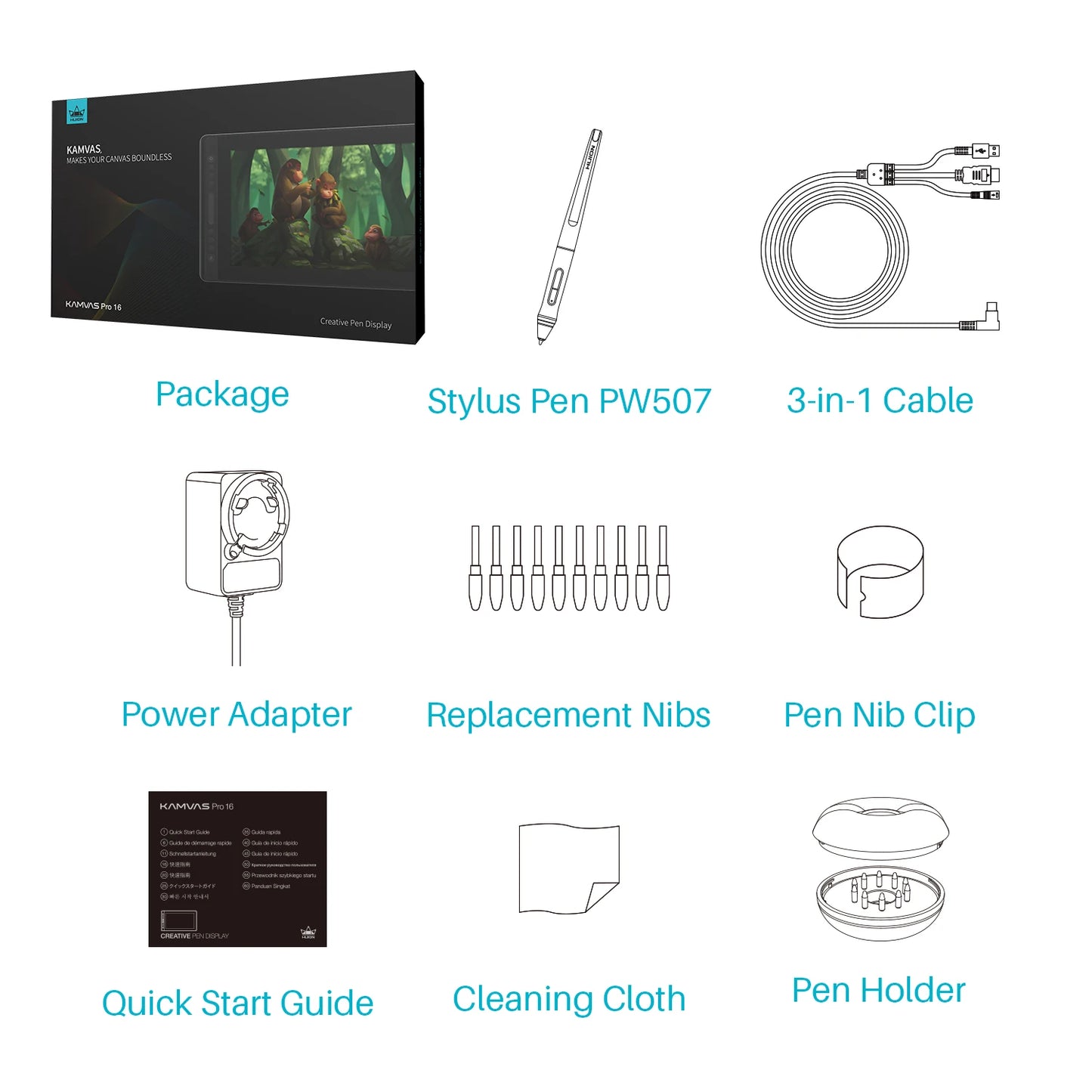 Huion Graphic Monitor Kamvas Pro 16 Drawing Tablet Screen 15.6 Inch Digital Tablets Draw Display with Battery-free Stylus Pen.