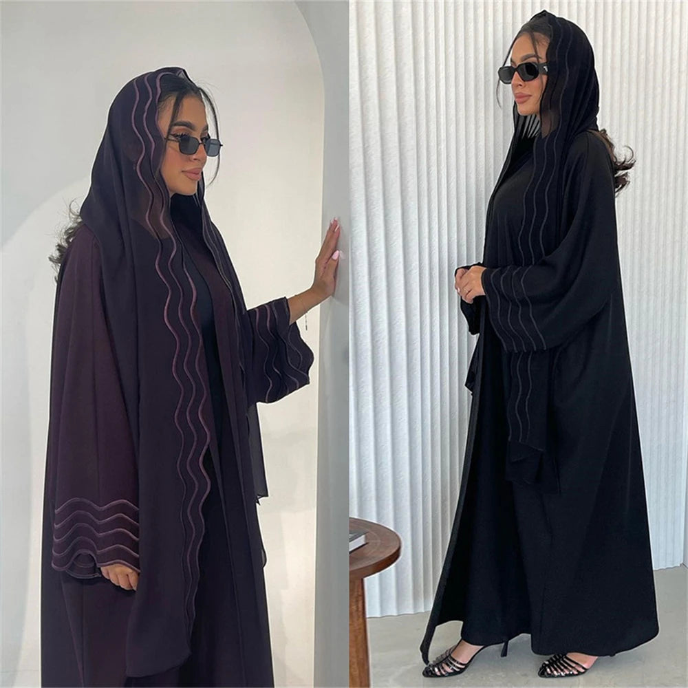 Ramadan Eid Women Gray Black Dubai Khimar Abaya Islam Muslim Kimono Hijab Dress Set Kebaya Kaftan Djellaba Robe Femme Musulmane.