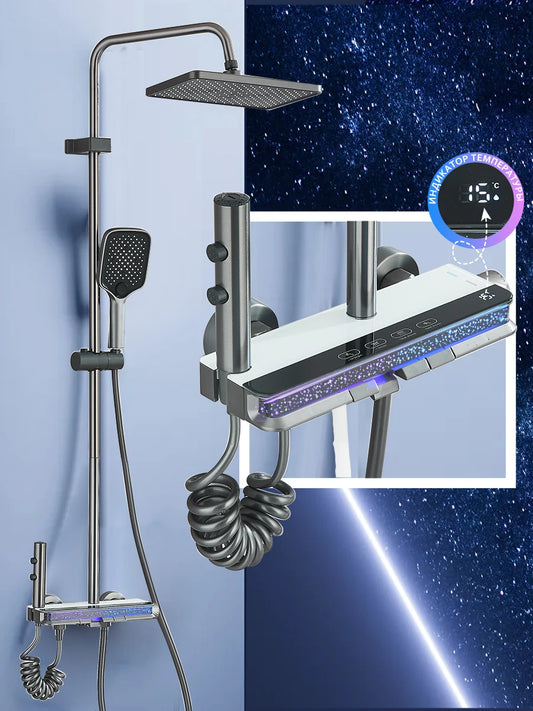 Intelligent Digital Display Luxury Shower Set Bathroom Wall Mounted Piano Key 4 Ways Water Outlet Rainlfall Shower Faucet System