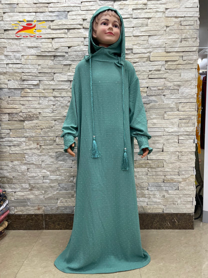 Eid Kids Cotton Prayer Garment Dress Muslim Girls Long Khimar Hijab Turkey Abaya Dresses Islamic Dress Full Cover Robe Ramadan.