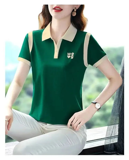 Sporty Short Sleeve Polo Shirt for Women Summer Fashionable Hong Kong Style Top Slim Fit Mixed Fabric Trendy T-Shirt.