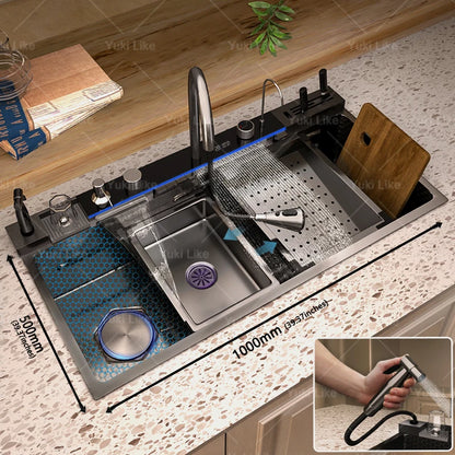 New Stainless Steel Waterfall Kitchen Sink  Large Single Slot Many Different Styles of Sinks Multifunctional Wash Bowl